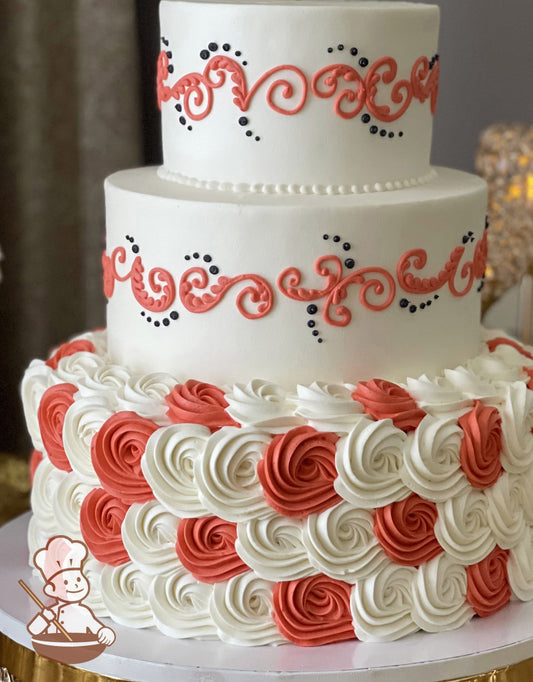 3-tier round cake with rosettes in orange and white on the bottom tier. The middle and top tier have white icing with orange buttercream scrolls.