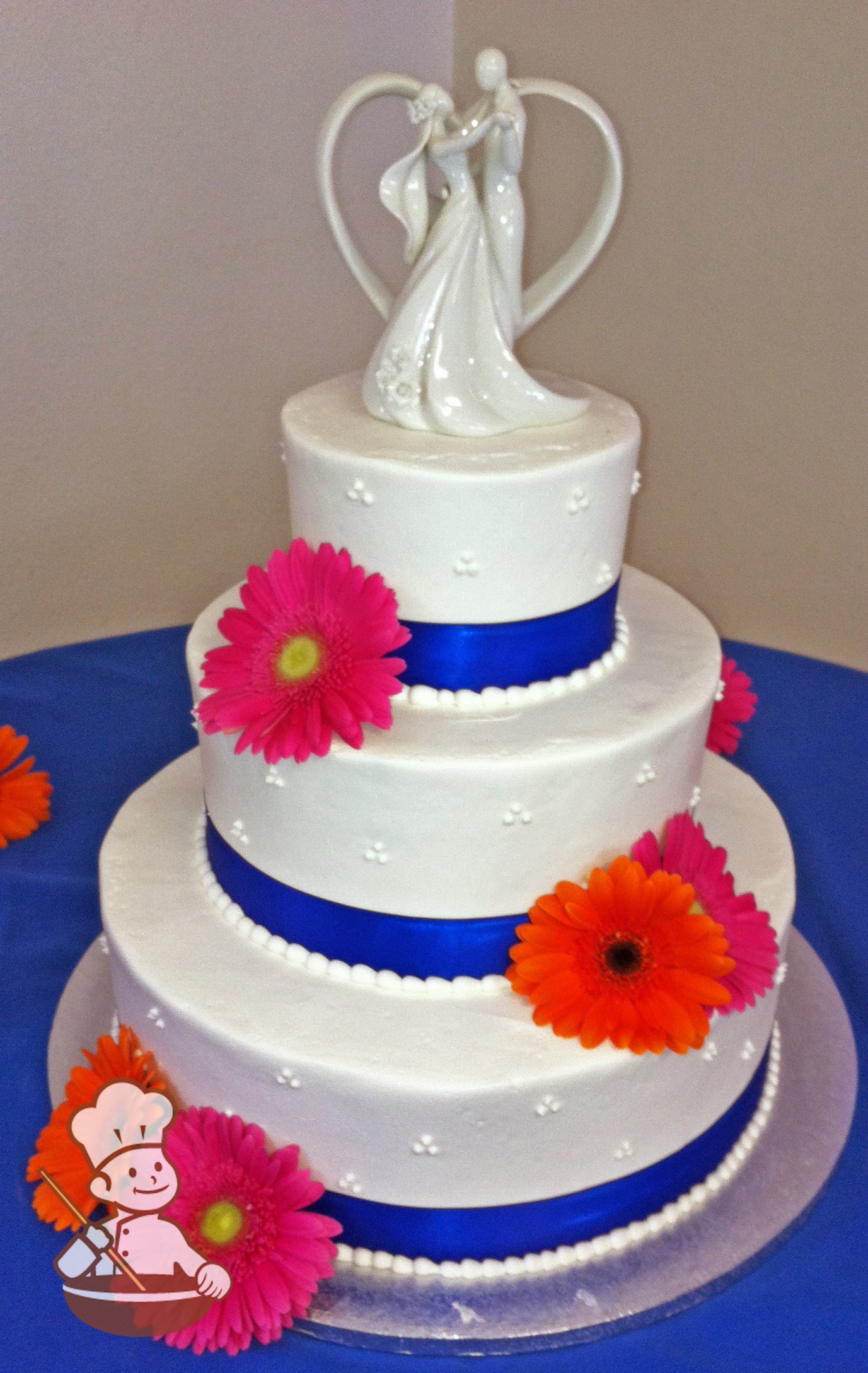 3-tier cake with smooth white icing and decorated with white buttercream tridot piping's and a royal-blue satin ribbon on the base of each tier.