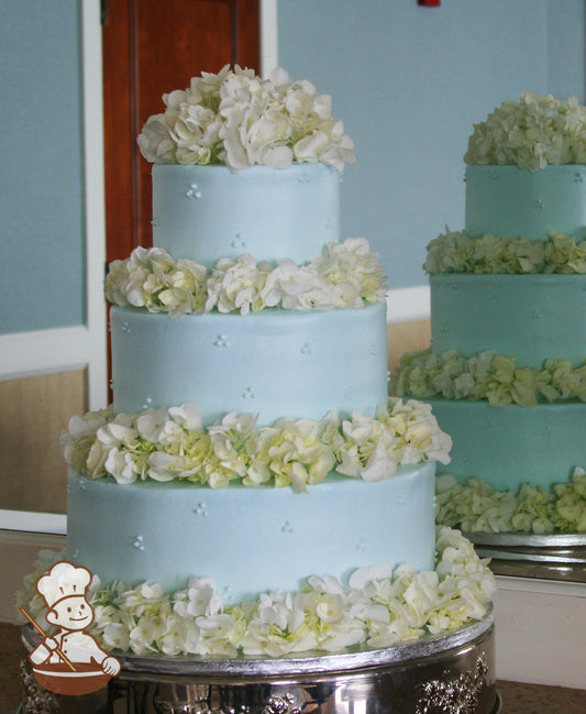 3 tier round baby blue buttercream wedding cake decorated with white hydrangeas on base of each tier.