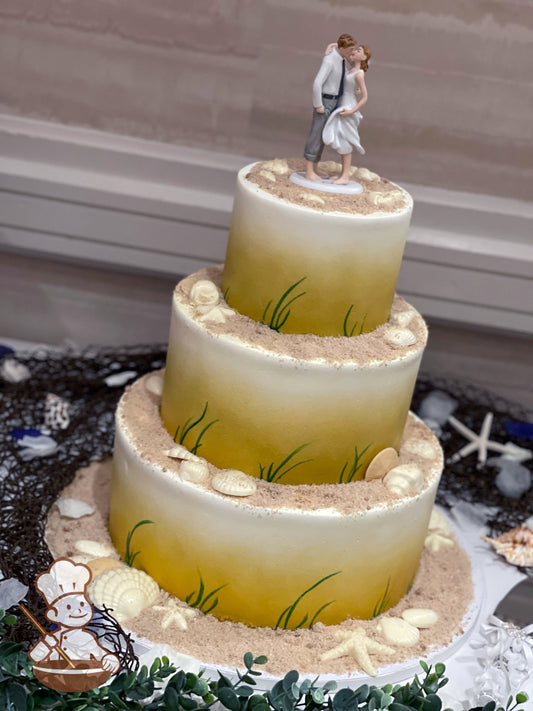 3-tier cake with brown sugar sand on top of each tier with sea shells. Cake wall are sprayed sandy brown and hand piped green blowing grass.