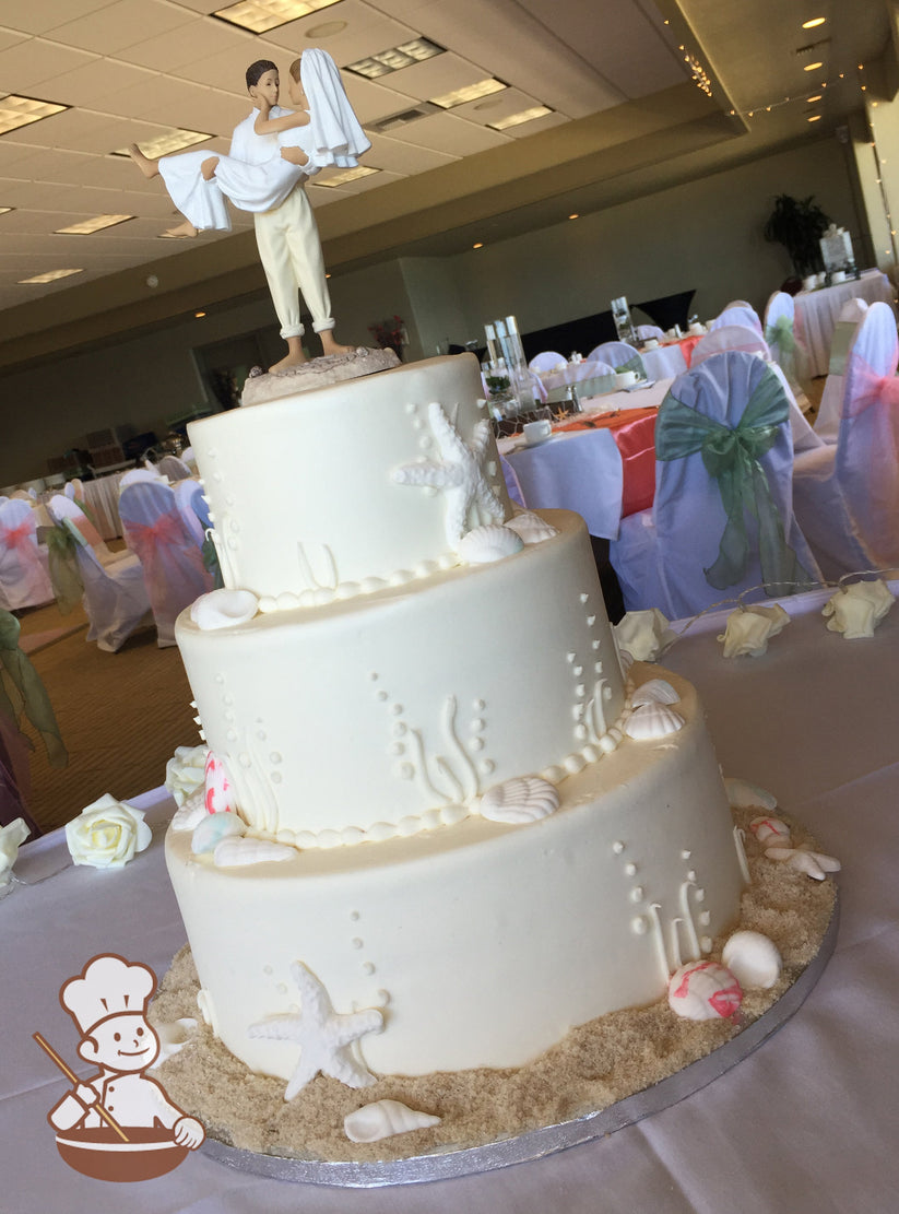 3-tier white cake with kelp bubbles and seashells. Bottom base is decorated with brown sugar sand.