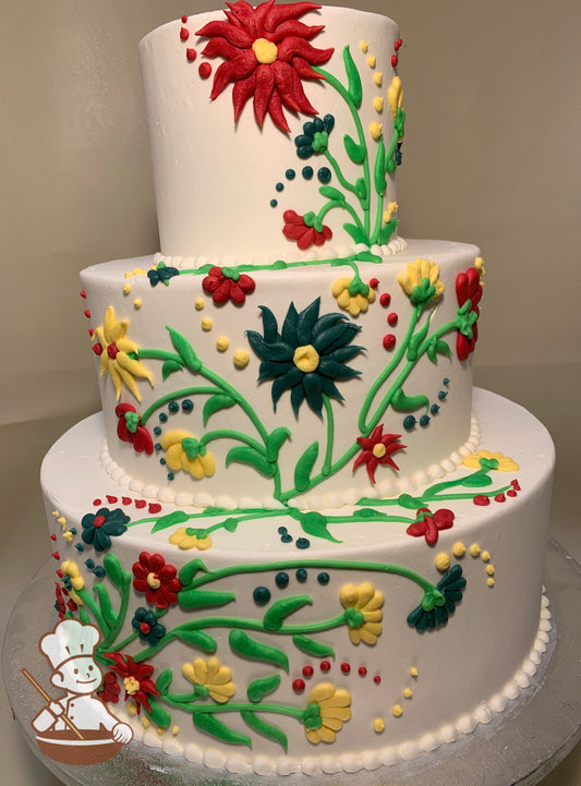 3-tier cake with hand painted sunburst chrysanthemum flowers on long stems, cascading diagonally.