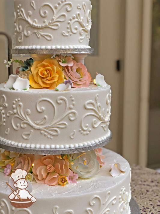 Pillars, Sugar Flowers and Scrolls Round Cake