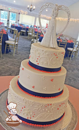 3-tier cake with white icing and white buttercream scrolls and buttercream tridot piping's and a blue satin ribbon on the base of each tier.