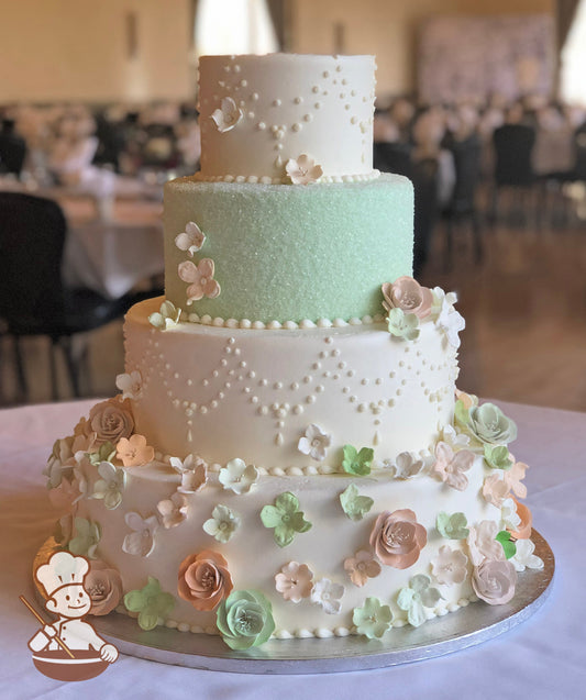 4 tier round wedding cake with pastel sugar flowers (roses, hydrangeas) and sugar crystal cover & finished with elegant bead piping.