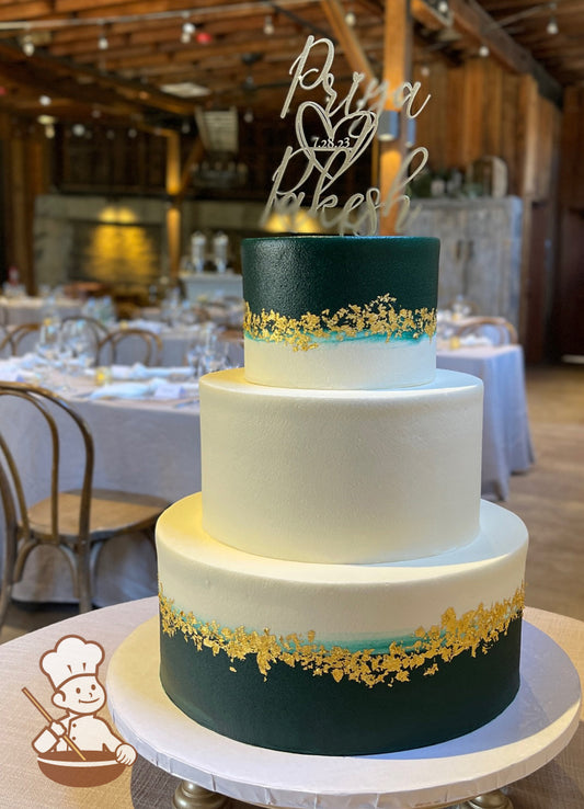 Forest Green and White Buttercream 3 tier wedding cake with gold leaf accents.