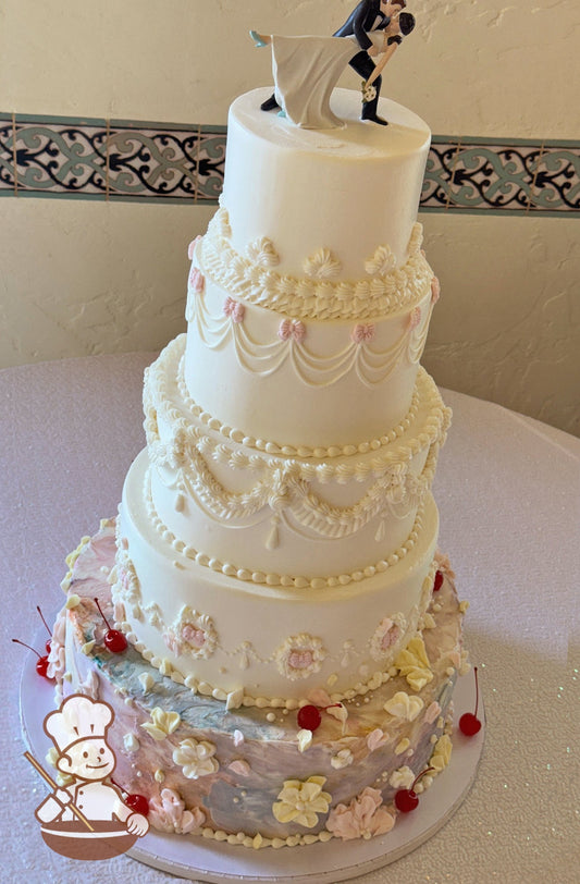 5 tier round cake with vintage style piping on top 4 tiers.  Bottom ties is pastel rainbow texture with buttercream florals and cherries.