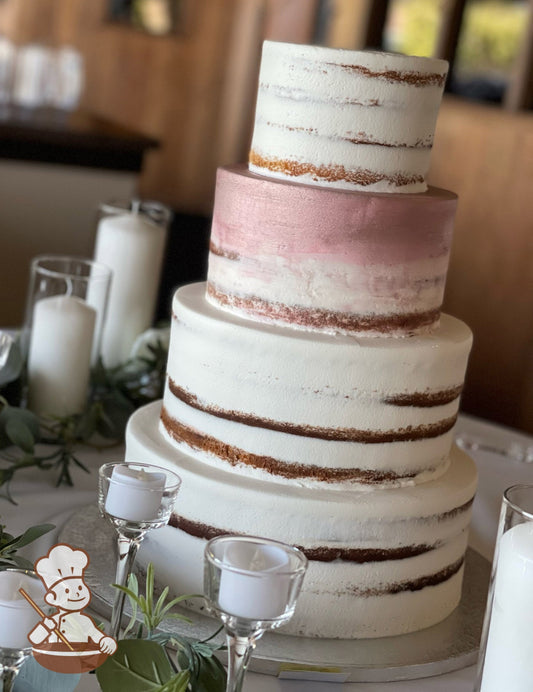 4-tier cake with white icing and decorated with a scraped texture to show some of the cake and painted rose-gold coloring on the third tier.