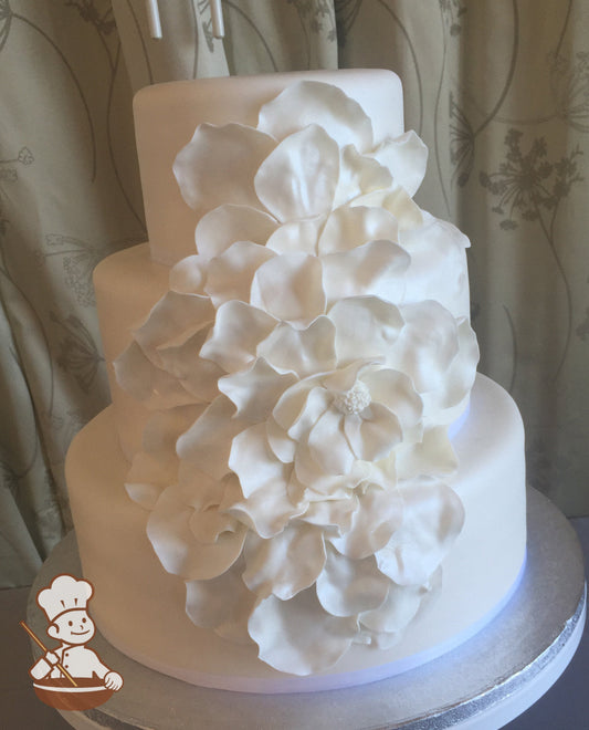 3 tier fondant wedding cake with fondant rose petals cascading down the cake and finished with pearlescent shimmer spray.