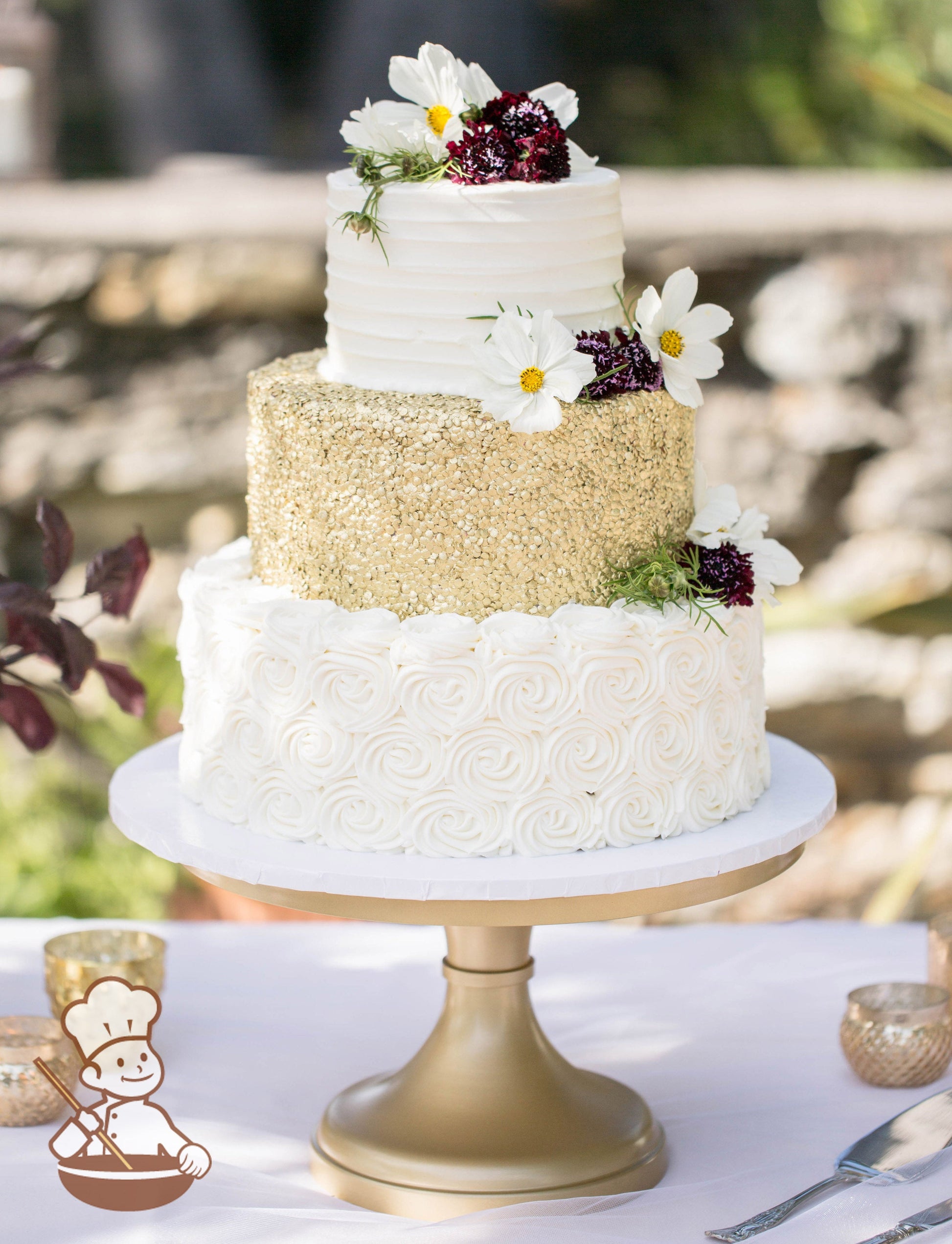 3-tier cake with white buttercream rosette swirls on the bottom tier, gold sequins in the middle tier and a white horizontal texture on top.