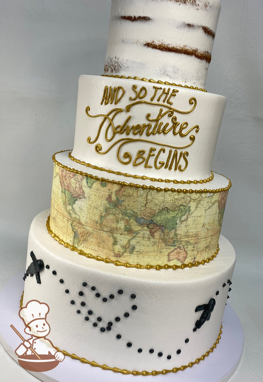 4-tier white cake with gold writing saying, "And so the Adventure Begins". Decorated with photo of world map and airplane with heart flight path.