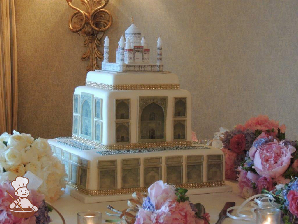 Large Taj Mahal Indian Themed Cake with architectural details printed on fondant panels and laid on cake wall.