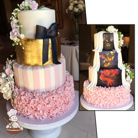 4-tier cake decorated one side in Superhero theme and the other side in pink, gold and flowers.