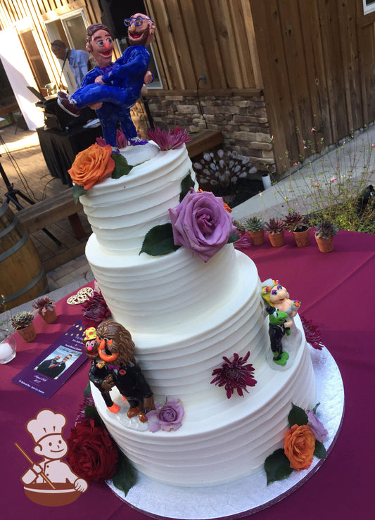 4-tier cake with horizontal texture and fresh colorful flowers decorated with Muppet character toys.