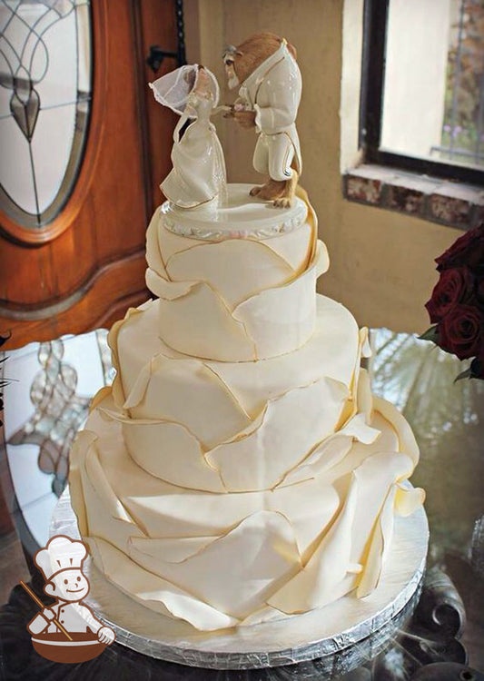 3-tier cream cake with large rose petals peeling off the cake wall. Edges of rose petals are painted gold for blooming effect.