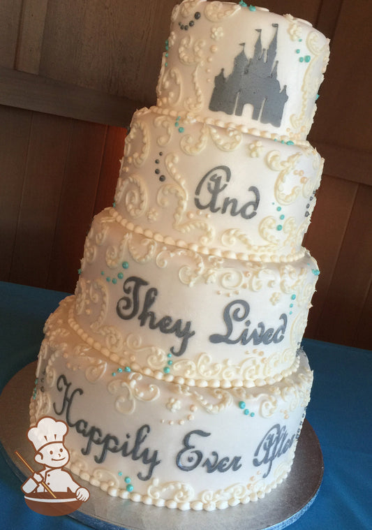 4-tier cake with white scrolls. Written in grey is the phrase "And They Live Happily Ever After". A grey castle is piped on top tier. 