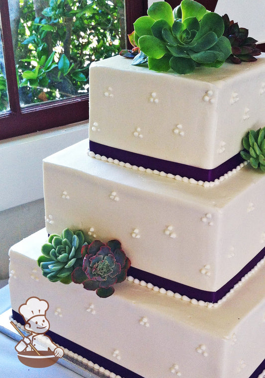 3-tier cake with smooth white icing and decorated with white buttercream tri-dots, a white buttercream bead trim, a purple ribbon and succulents.
