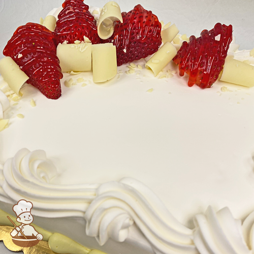Sheet cake with fresh strawberries and white chocolate curls.