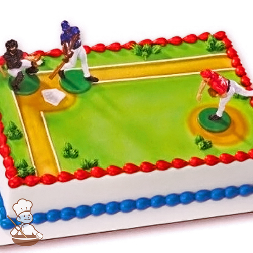 Birthday sheet cake with buttercream baseball field and toy baseball figurines.