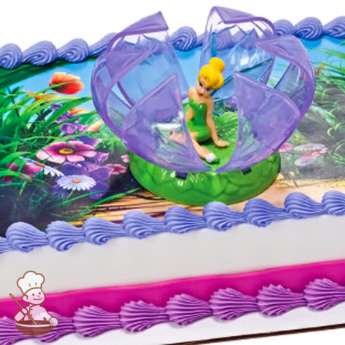 Birthday sheet cake with Tinker Bell toy set and photo layer background of flower field.