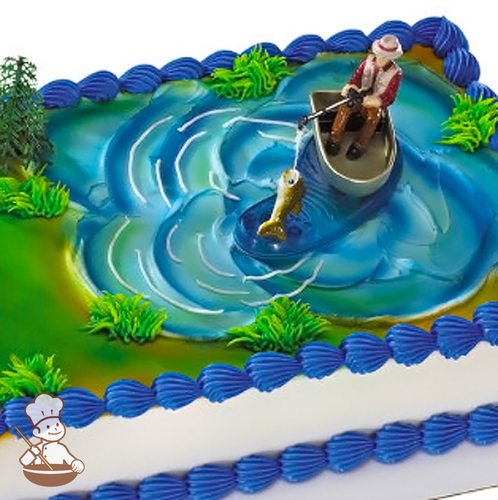 Birthday sheet cake with buttercream lake and fishman in boat catching fish toy.