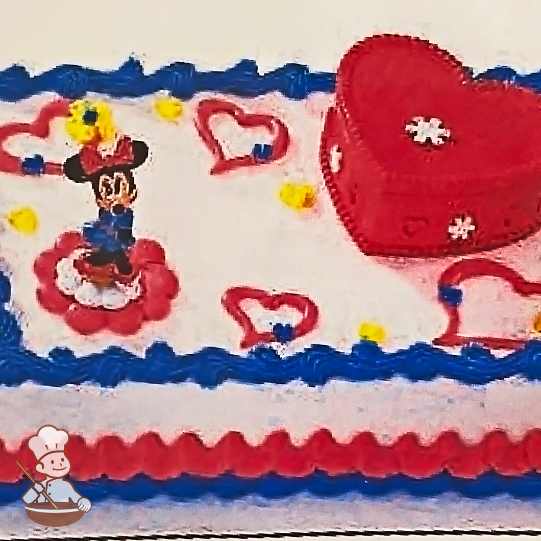 Birthday sheet cake with Minnie Mouse figurine and keep sake box toy set.