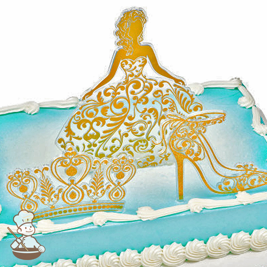 Quinceanera sheet cake with gold cut out of girl in gown, crown, and high heel shoes.
