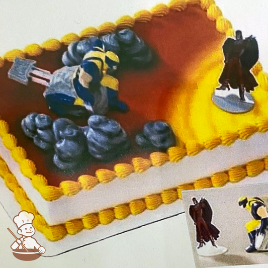 Birthday sheet cake with Wolverine and Magneto superheroes.