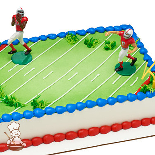 Birthday sheet cake with football players throwing football on buttercream football field.
