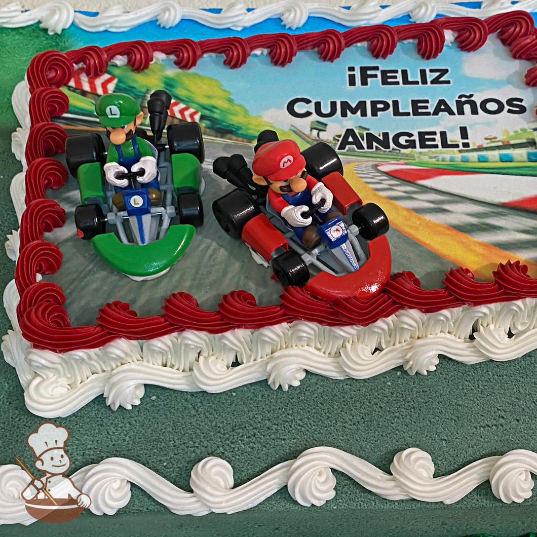 Birthday sheet cake with Mario Brothers Luigi and Mario in Mario Kart race on photo layer.