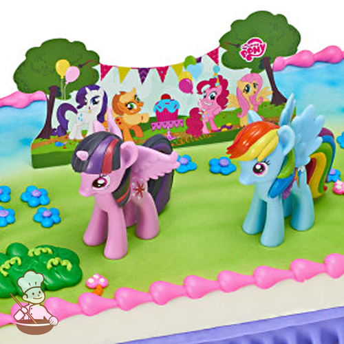 Birthday sheet cake with My Little Pony toy set.