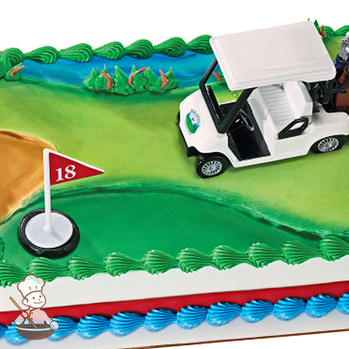 Birthday sheet cake with golf cart toy set and buttercream golf course.