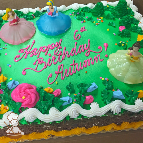 Birthday sheet cake with buttercream forest and flowers with Sleeping Beauty Aurora, Cinderella, and Belle.