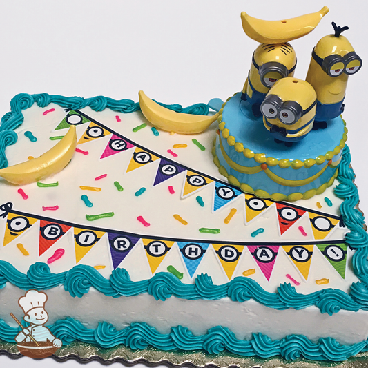Birthday sheet cake with Despicable Me toy set.