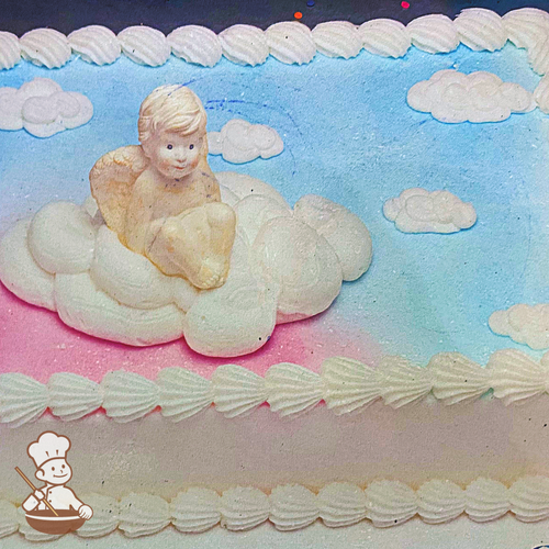 Baptism sheet cake with toy angel and buttercream clouds.