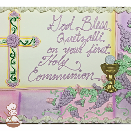 Communion sheet cake with buttercream grape clusters and cross with holy chalice.