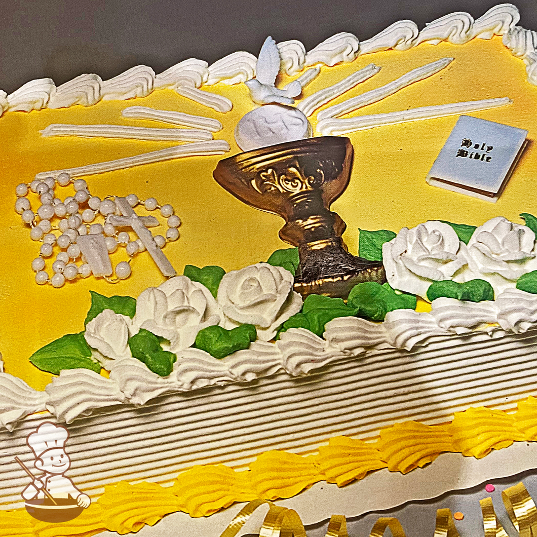 Baby shower sheet cake with toy stork carrying baby.